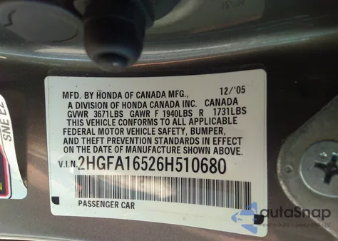 2006 Honda Civic Lx из США, поврежденный, VIN 2HGFA16526H510680